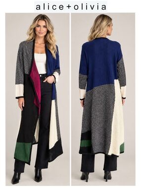Alice + Olivia Colorblock Patchwork ColorBlock Knit Duster Cardigan Open Front S